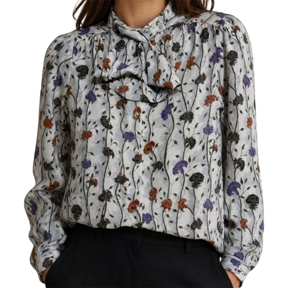 VTG 70s Fire Islander Pussybow Pussycat Bow Blouse Floral Print Button Down 12